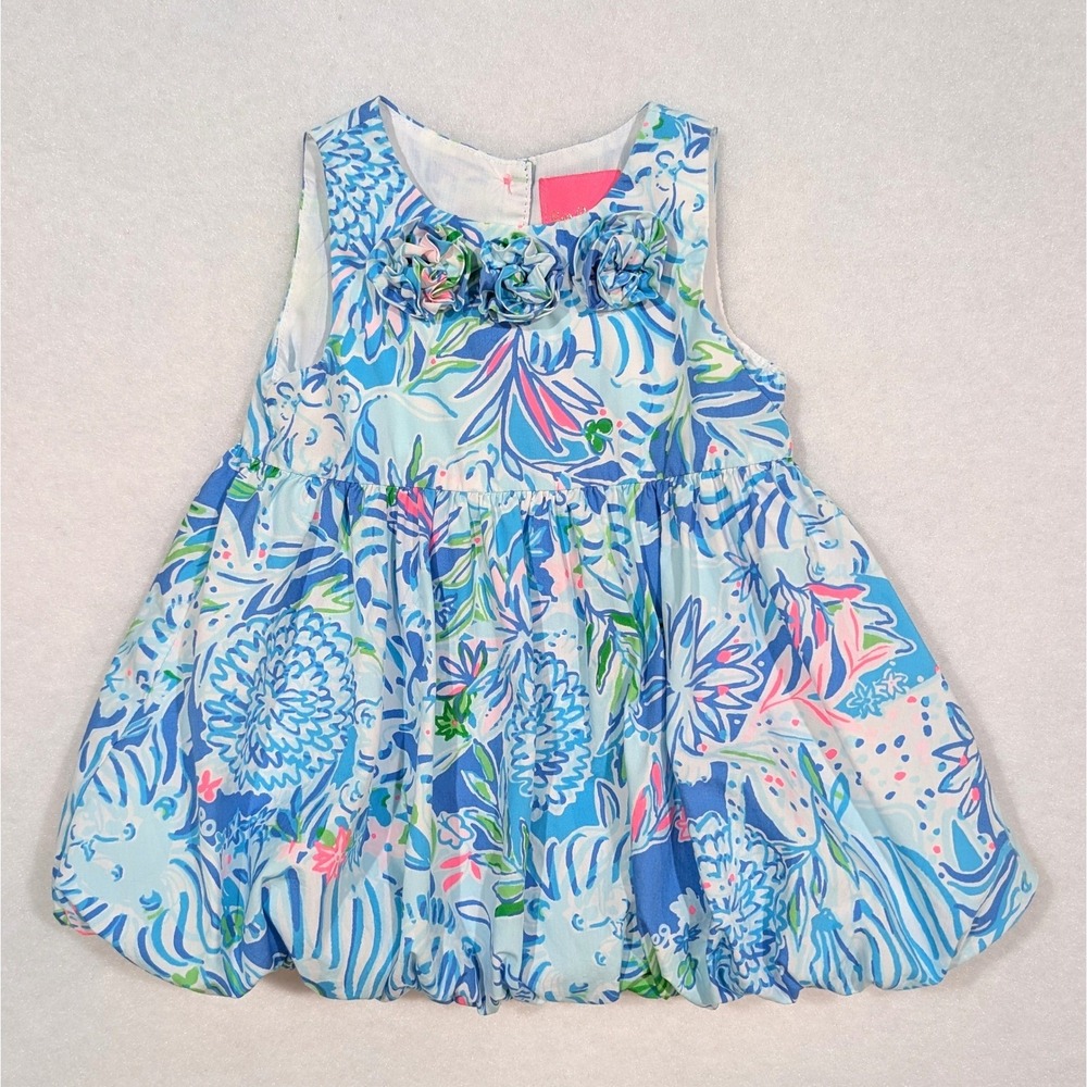 Lilly Pulitzer Baby Britta Bubble Dress 12-18M Cotton Blue Floral Rosette 001192